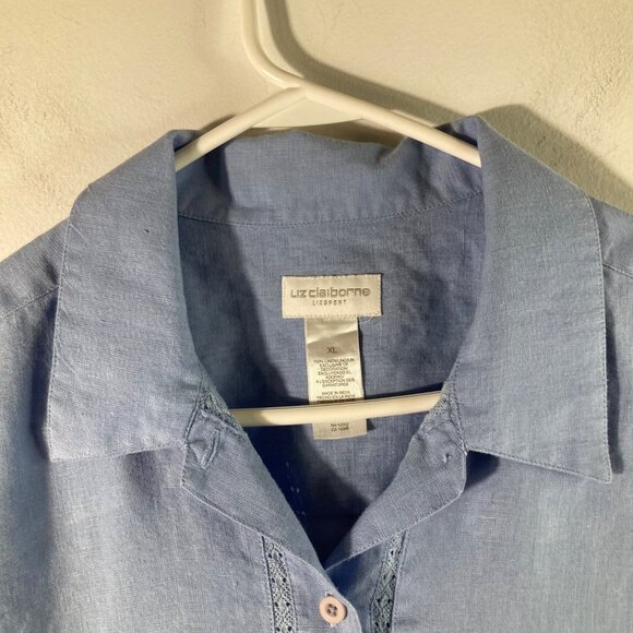 Womens Liz Claiborne Linen Button Shirt Short Sleeve Lace Detail Collar XL Blue - Picture 3 of 8
